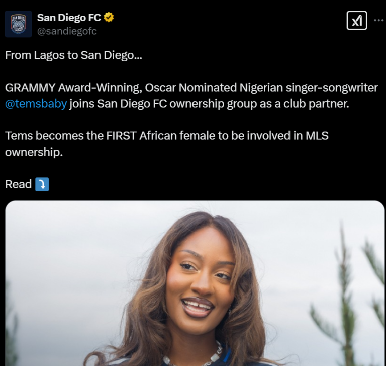 Twice Grammy-winning Nigerian star Tems becomes joint-owner of US club San Diego FC, 1st African female in MLS ownership