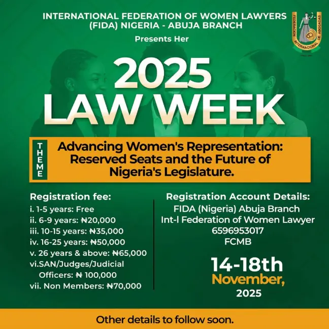 FIDA Abuja 2025 Law Week to ignite conversation on policy frameworks that will strengthen women’s political representation